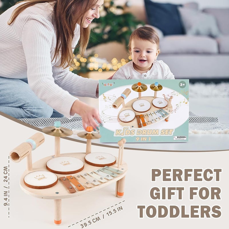 Vanplay Drum Set for Toddler - Toys for 2 3 4 Year Old Girls Boy Gifts - 9 in 1 Wooden Montessori Musical Instruments with Xylophone for Kids 3-5, Christmas Birthday Gifts for Toddlers 2-4 - Image 5